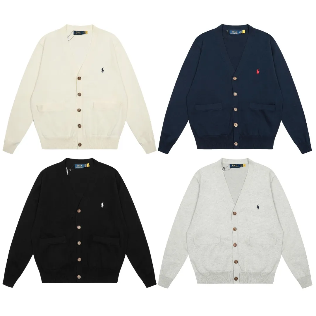 P250 Top quality" Style number: DS813# (not off the shelves all year round) [Ralph Lauren V-neck solid color pony embroidered logo jersey basic cardigan] ✅Ralph Lauren Ralph Lauren classic basic versatile knitted cardigan jacket for men and women couples ✅Main supplier platform live broadcast Wholesale entity Replenish when out of stock Not off the shelf ✅ZP quality 1:1 version Scan the code to enter the GF website Counter quality ✅Detailed quality is the only one in Guangzhou Imported quality cotton yarn, focusing on high-end, cost-effective, good quality needless to say. ✅Restore the original version. The maximum size can be worn up to 180 pounds. Loose, comfortable and stress-free. ✅The upper body is simple and easy to match. A must-have item for ootd. Good-looking clothes are never picky. A must-have for couples of the same style. Size: S-XL. Color: black, off-white, gray, navy.